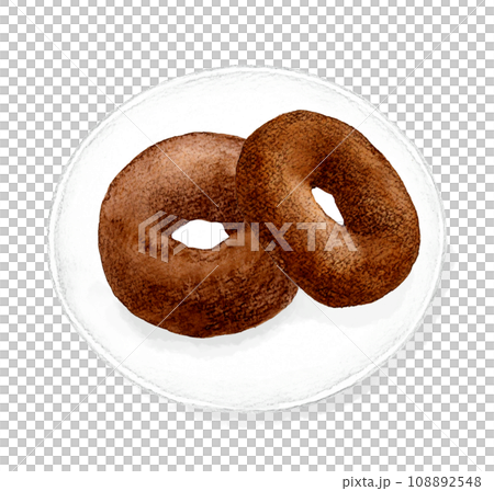 Simple chocolate donut on a plate, hand-drawn watercolor illustration of sweets and sweets 108892548