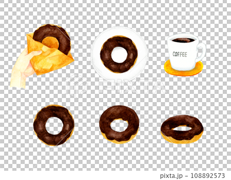 A set of chocolate-covered donuts. A collection of hand-drawn watercolor illustrations of sweets and sweets. A set of chocolate-covered donuts. A collection of hand-drawn watercolor illustrations of sweets and sweets. 108892573