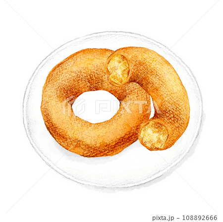 皿に乗ったシンプルなプレーンドーナツ　スイーツ・お菓子の手描き水彩イラスト素材 108892666
