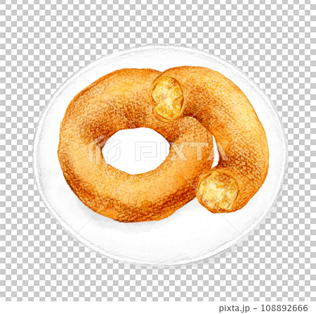 皿に乗ったシンプルなプレーンドーナツ　スイーツ・お菓子の手描き水彩イラスト素材 108892666