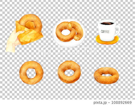 A set of simple plain donuts. A collection of hand-drawn watercolor illustrations of sweets and sweets. 108892669