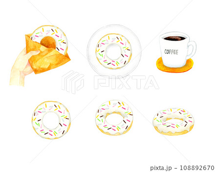 ホワイトチョコレートのドーナツのセット　スイーツ・お菓子の手描き水彩イラスト素材集 108892670