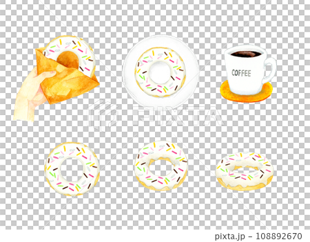 Set of white chocolate donuts. Collection of hand-drawn watercolor illustrations of sweets and sweets. 108892670