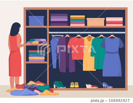 Woman standing in front of opened closet with apparel hanging inside and pile of clothes on floor. Cleaning throwing things home closet, organize clothing order. Vector illustration. 108892927