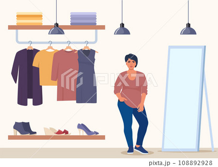 Woman stands near clothes rack and mirror, chooses clothes in fashion boutique. Assortment showroom, clothing store. Clothes shop interior. Dress, tunic, blouse on hangers. Vector illustration. 108892928
