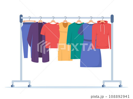 Clothes hang on a hanger. Fashion boutique, assortment showroom. Women's personal wardrobe, dressing room. Dress, tunic, blouse on hangers. Vector illustration. Clothes hang on a hanger. Fashion boutique, assortment showroom. Women's personal wardrobe, dressing room. Dress, tunic, blouse on hangers. Vector illustration. 108892941