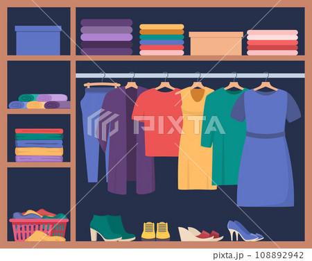 Wardrobe. Inner space closet, shelves and hangers with female clothes, shoes and accessories, organization and storage clothing. Vector illustration. Wardrobe. Inner space closet, shelves and hangers with female clothes, shoes and accessories, organization and storage clothing. Vector illustration. 108892942