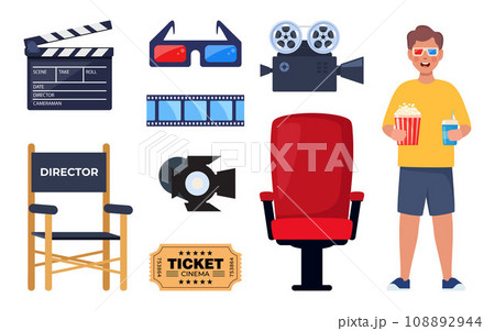 Kid with 3d glasses, soda and popcorn. Set of cinema elements. Tickets, clapperboard, montage tape, video camera. Vector illustration. 108892944