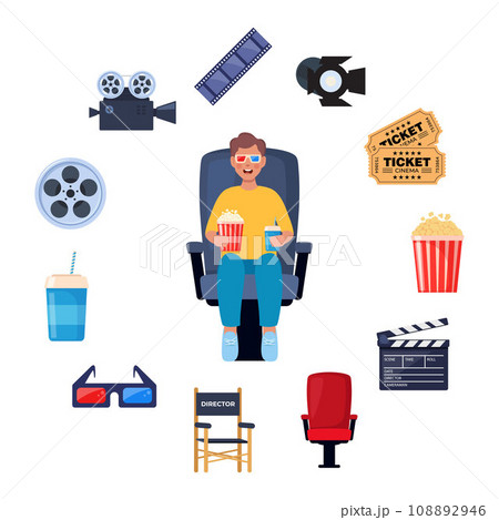 Kid watching movie with 3d glasses. Soda and popcorn in kids hands. Cinema elements around. Tickets, clapperboard, montage tape, video camera. Vector illustration. 108892946