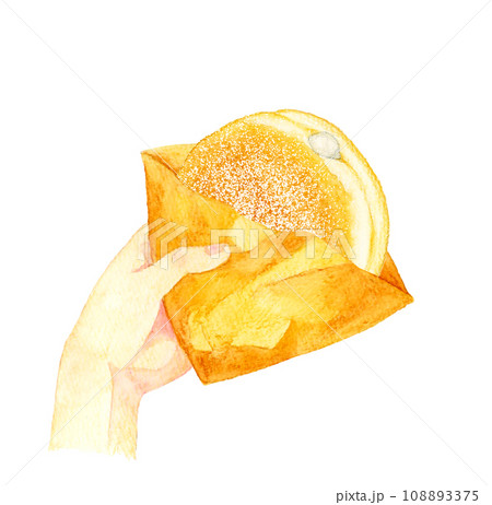 手に持ったボンボローニ（パンドーナツ）　スイーツ・お菓子の手描き水彩イラスト素材 108893375