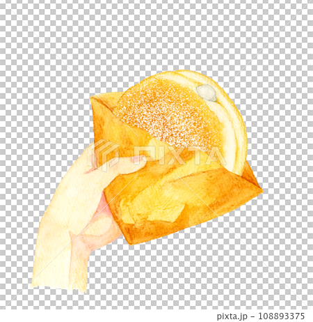 手に持ったボンボローニ（パンドーナツ）　スイーツ・お菓子の手描き水彩イラスト素材 108893375
