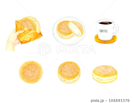ボンボローニ（パンドーナツ）のセット　スイーツ・お菓子の手描き水彩イラスト素材集 108893376
