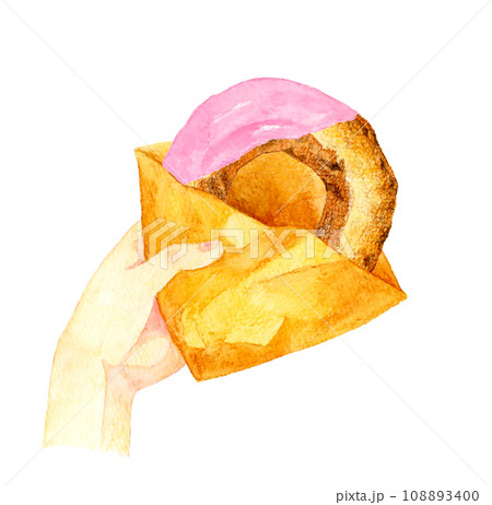 ドーナツ(ストロベリーチョコレートのオールドファッション) スイーツ・お菓子の手描き水彩イラスト素材 ドーナツ(ストロベリーチョコレートのオールドファッション) スイーツ・お菓子の手描き水彩イラスト素材 108893400