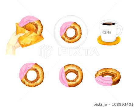ドーナツ（ストロベリーチョコレートのオールドファッション）　スイーツ・お菓子の手描き水彩イラスト素材 108893401