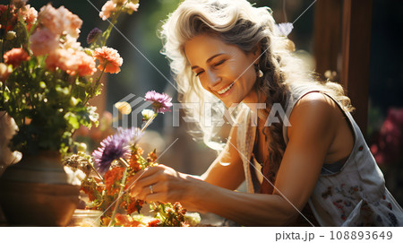 Smiling beautiful Caucasian gardener or Florist woman is relaxing and gardening happy in garden and flowers farm. 108893649