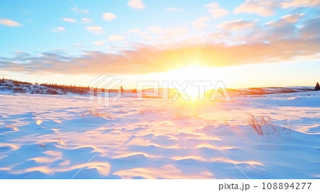 冬の背景、太陽と地平線まで続く雪景色、AI生成画像 108894277
