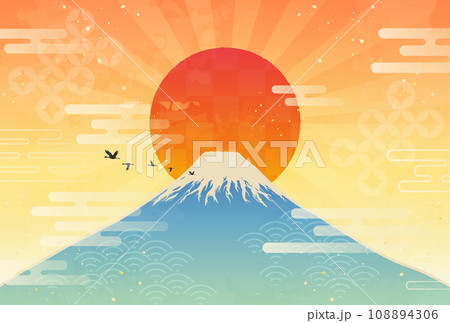 富士山と初日の出の和柄水彩風イラスト_横1 108894306