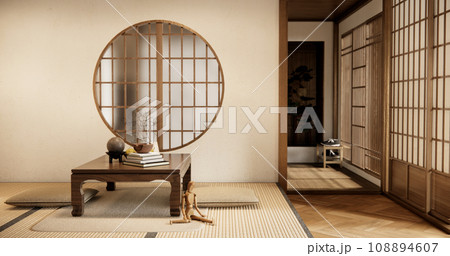 low table and pillow on tatami mat in wooden room japanese style. 108894607