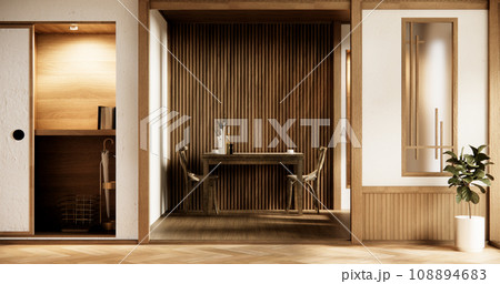 dinner room japanese style with long table and wooden chairs in room japandi. 108894683