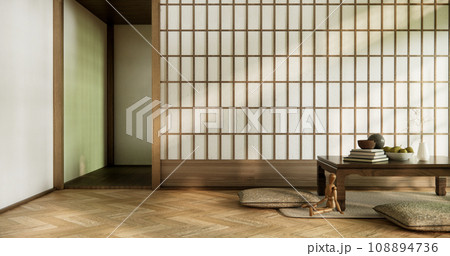 low table and pillow on tatami mat in wooden room japanese style. low table and pillow on tatami mat in wooden room japanese style. 108894736