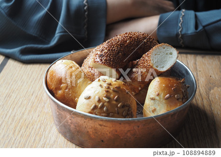 slice of Turkish Bagel Simit on table slice of Turkish Bagel Simit on table 108894889