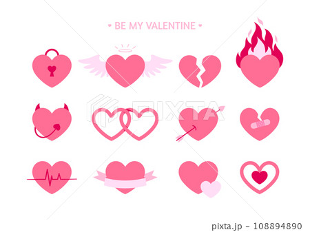 Love heart icon saint valentine day doodle flat set. Pink enchanted lock angel broken heart separation devil wedding amur cupid arrow cardio pulse ribbon congrats pendant patch reconcile isolated 108894890