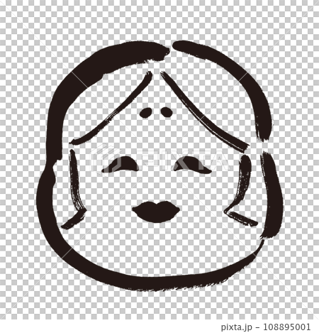 【節分素材】和風の筆描きのおたふくの顔　線画　モノクロ 108895001