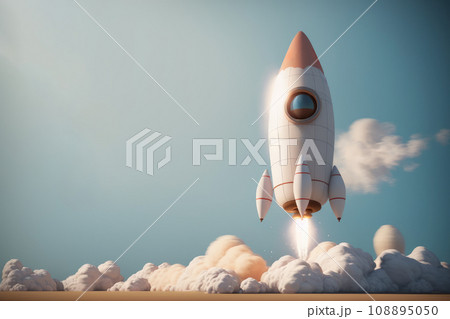 Cartoon rocket takes spewing smoke on blue background. symbol success. Rocket space startup, creative idea cover. rocket take off Cartoon rocket takes spewing smoke on blue background. symbol success. Rocket space startup, creative idea cover. rocket take off 108895050