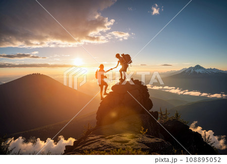Hiker helping friend reach mountain top. Help and assistance concept. Silhouettes of two people climbing on mountain. assistance and teamwork and partnership. 108895052