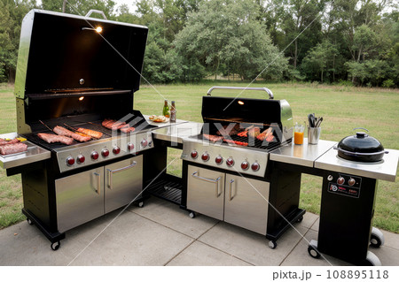 Barbecue Grill Pit. Outdoor barbecue, grill, roasted beef, sausages. summer grilling, barbecue, bbq and party. Barbecue Grill Pit. Outdoor barbecue, grill, roasted beef, sausages. summer grilling, barbecue, bbq and party. 108895118