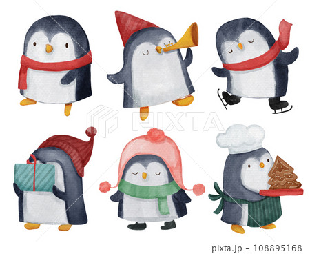 Penguin . Christmas theme . Watercolor paint cartoon characters . Isolated . Set 1 of 4 . illustration . 108895168