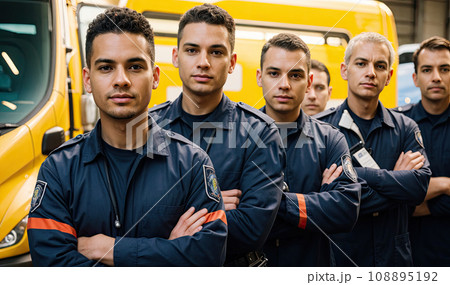 Team of emergency medical service ready for emergency, first medical responders waiting for call. Emergency medical service male looking into camera. Background paramedics and ambulance 108895192