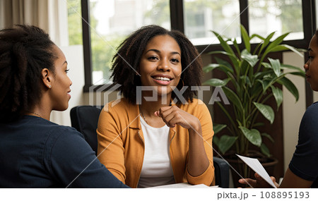 African American female counselor demonstrating empathy during a breakthrough session. mental healthcare counselor or life coach gives advice to client during session. Generative AI 108895193