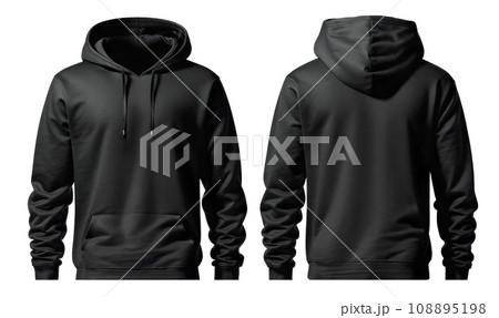Black Hoodie. Set of Black front and back view tee hoodie hoody sweatshirt on white background cutout. Mockup template 108895198