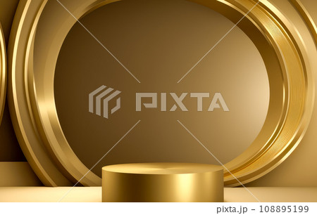 Abstract golden room with realistic gold cylinder pedestal podium set. Minimal scene for product display presentation. Golden product placement. 108895199