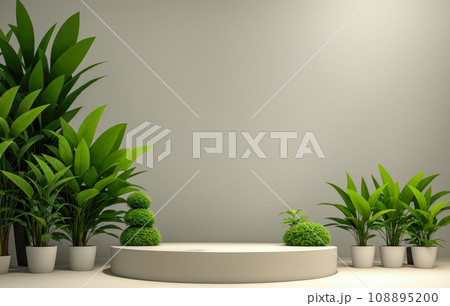 Platform round podium with plant product presentation background. Abstract room with realistic white cylinder pedestal podium set. Minimal scene for product display presentation. Platform round podium with plant product presentation background. Abstract room with realistic white cylinder pedestal podium set. Minimal scene for product display presentation. 108895200