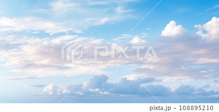 cloudscape. clouds in blue sky and reflection in sea or ocean. White cumulus clouds in sky over salt lake. mirror reflection of clouds in water, sunny summer day seascape panoramic cloudscape. clouds in blue sky and reflection in sea or ocean. White cumulus clouds in sky over salt lake. mirror reflection of clouds in water, sunny summer day seascape panoramic 108895210