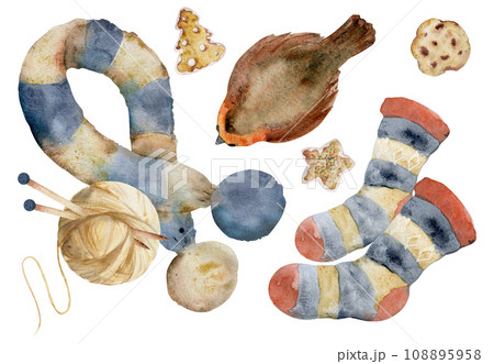 Hand drawn watercolor illustration. Knitted scarf, socks, yarn ball with needles, robin bird, homemade gingerbread cookies. Composition isolated on white background. For shop, logo, print, paper, card 108895958