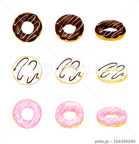 チョコがけドーナツのセット　スイーツ・お菓子の手描き水彩イラスト素材集 108896080