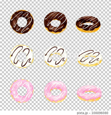 A set of chocolate-covered donuts. A collection of hand-drawn watercolor illustrations of sweets and sweets. 108896080