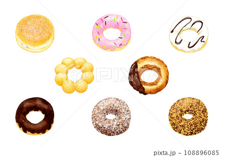 色々なドーナツのセット　スイーツ・お菓子の手描き水彩イラスト素材集 108896085