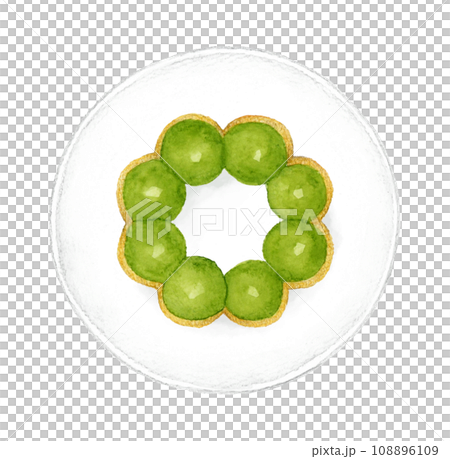 Matcha chocolate chewy donut on a plate, hand-drawn watercolor illustration of sweets and sweets 108896109