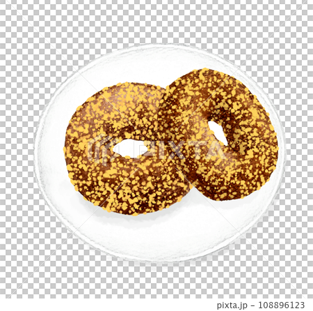 皿に乗ったチョコレートクランチのドーナツ　スイーツ・お菓子の手描き水彩イラスト素材 108896123