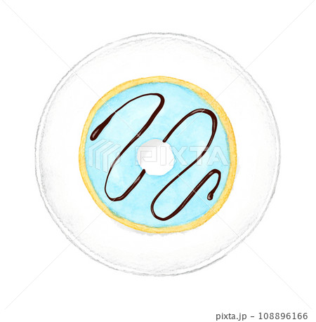 皿に乗った水色のチョコレートのドーナツ　スイーツ・お菓子の手描き水彩イラスト素材 108896166