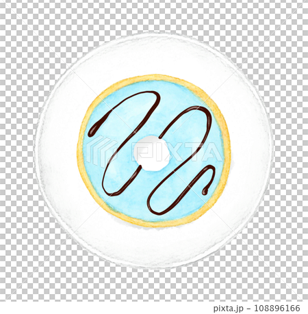 盤子上的淺藍色巧克力甜甜圈，手繪水彩插圖的糖果和糖果 108896166