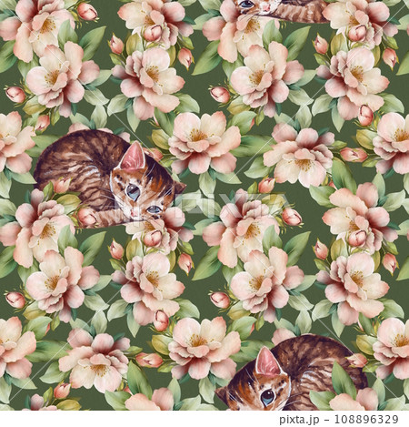 Seamless pattern with cute sleepy cat and flowers. Watercolor design for background, wrapping paper, cards, textile 108896329