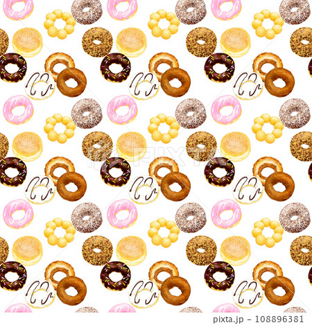 ドーナツのシームレスパターン　手描き水彩イラストの食べ物柄 108896381