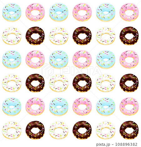 ドーナツのシームレスパターン　手描き水彩イラストの食べ物柄 108896382