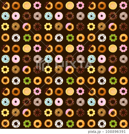 ドーナツのシームレスパターン　手描き水彩イラストの食べ物柄 108896391