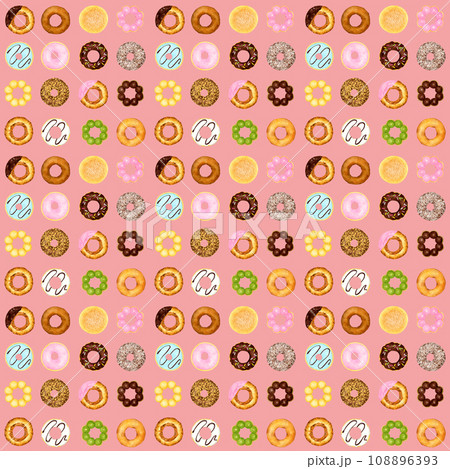 ドーナツのシームレスパターン　手描き水彩イラストの食べ物柄 108896393